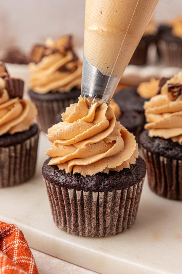 peanut butter frosting being piped onto chocolate cupcakes