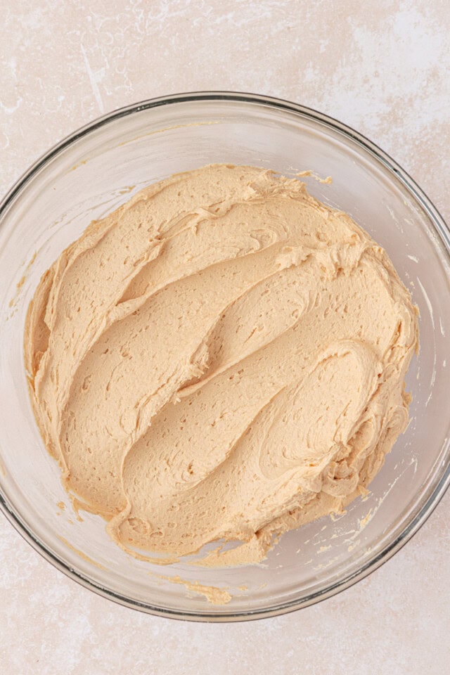 peanut butter frosting in a mixing bowl