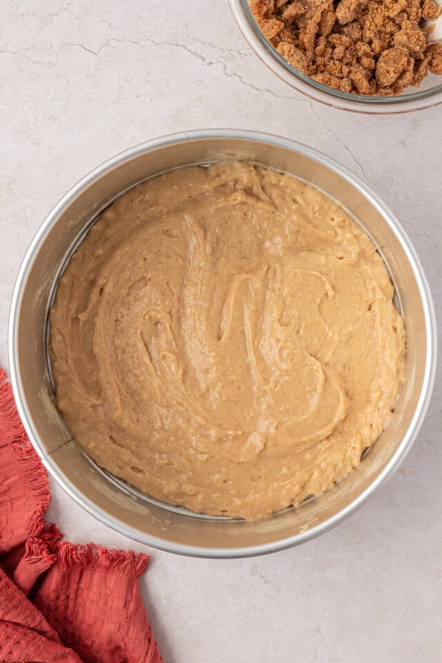 cinnamon muffin batter spread in a springform pan