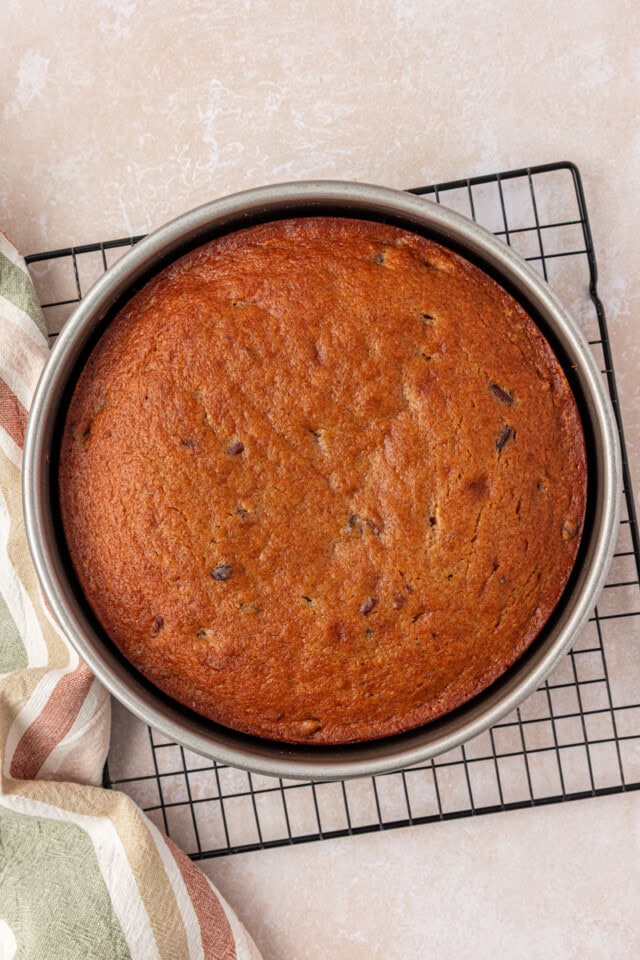 freshly baked maple cake in a round cake pan cooling on a wire rack
