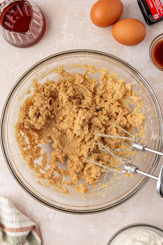 creamed butter and brown sugar in a mixing bowl