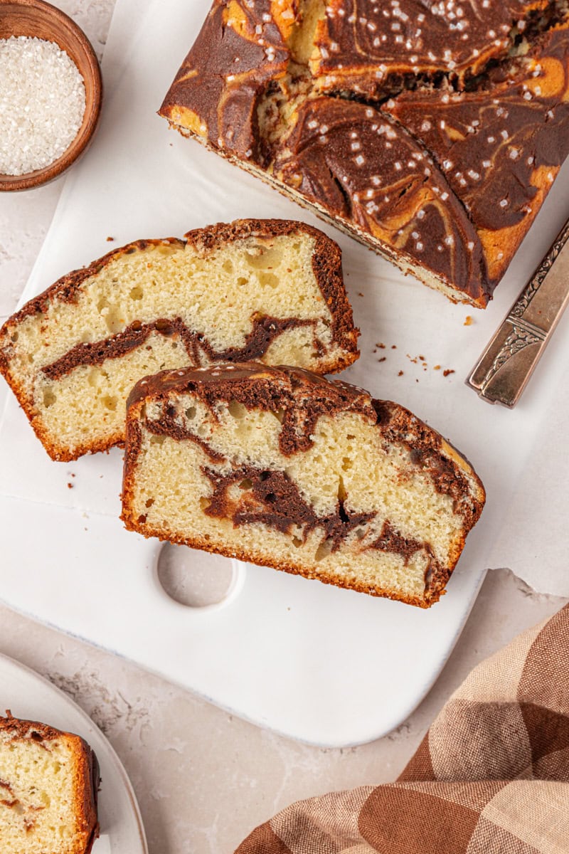 two slices of chocolate and vanilla marble loaf cake