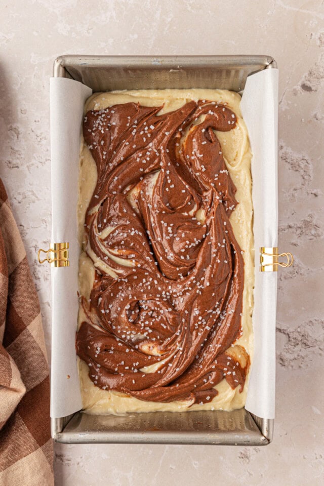 marble loaf cake in a loaf pan before baking