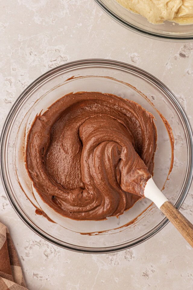 chocolate cake batter in a mixing bowl