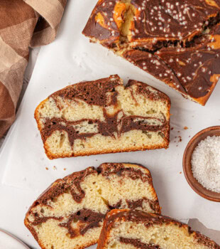 slices of marble loaf cake showing the chocolate and vanilla swirls