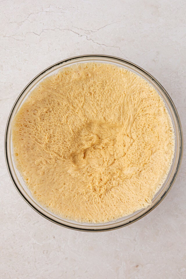 overhead view of cinnamon roll dough after rising