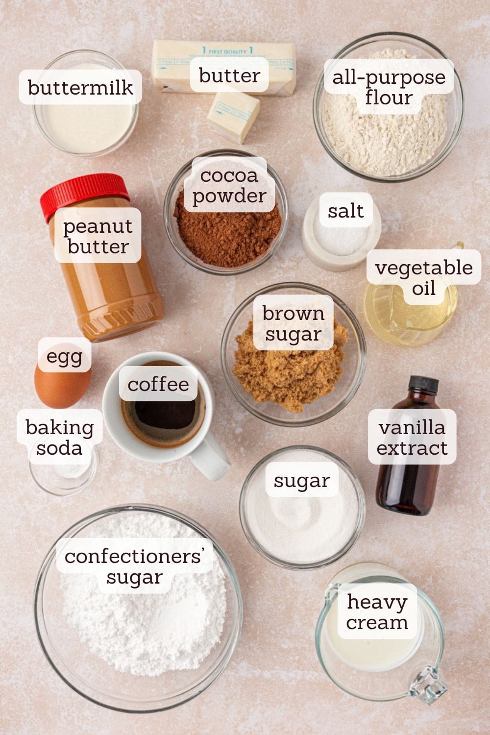 overhead view of ingredients for chocolate peanut butter cupcakes