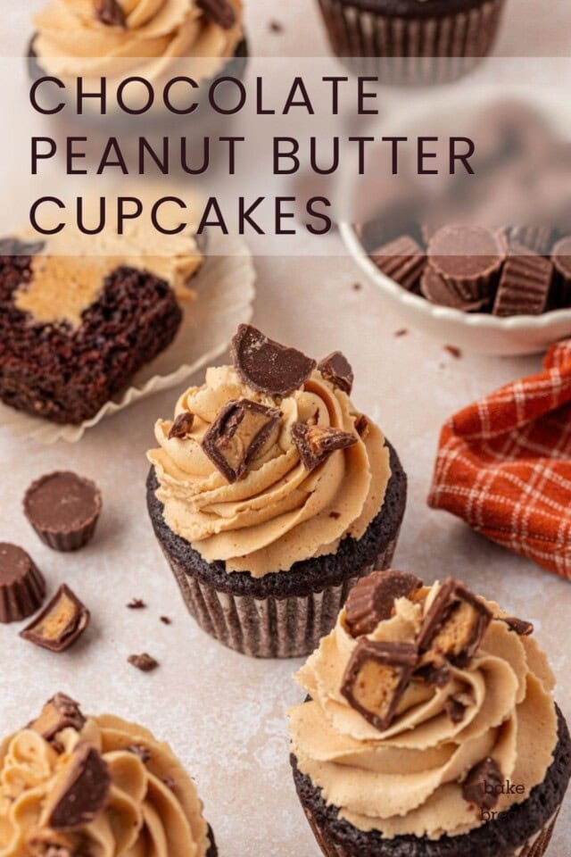 chocolate cupcakes topped with peanut butter frosting; text overlay "chocolate peanut butter cupcakes"