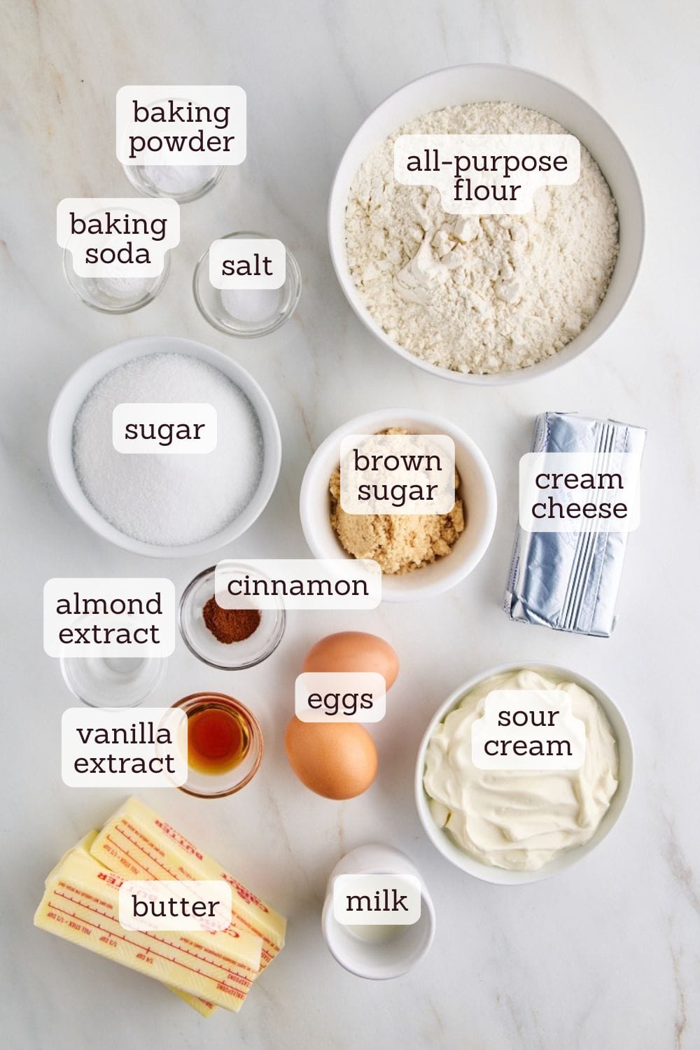 overhead view of ingredients for cinnamon cream cheese coffee cake