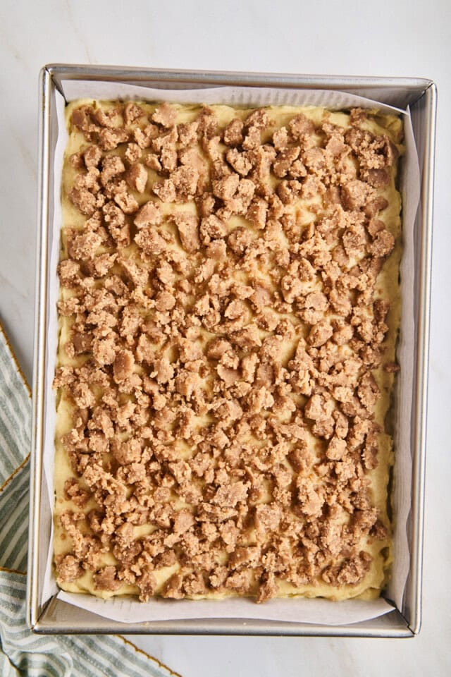 assembled cinnamon cream cheese coffee cake ready to go into the oven