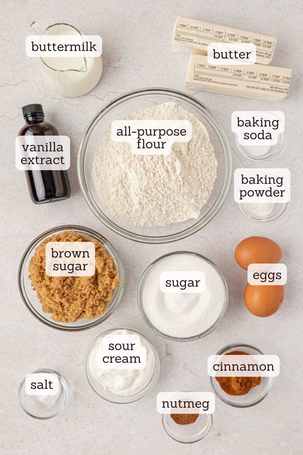 overhead view of ingredients for cinnamon streusel muffin cake