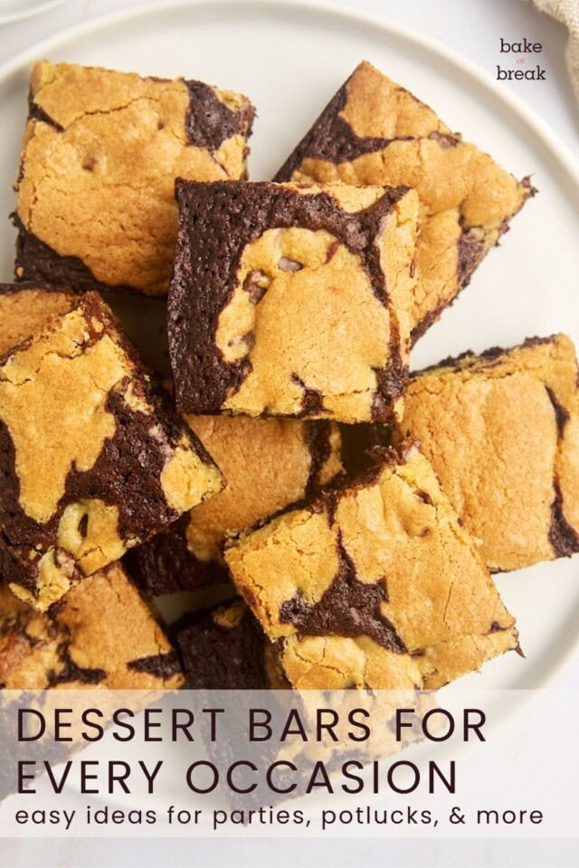 brookies served on a white plate; text overlay "dessert bars for every occasion - easy ideas for parties, potlucks, & more"