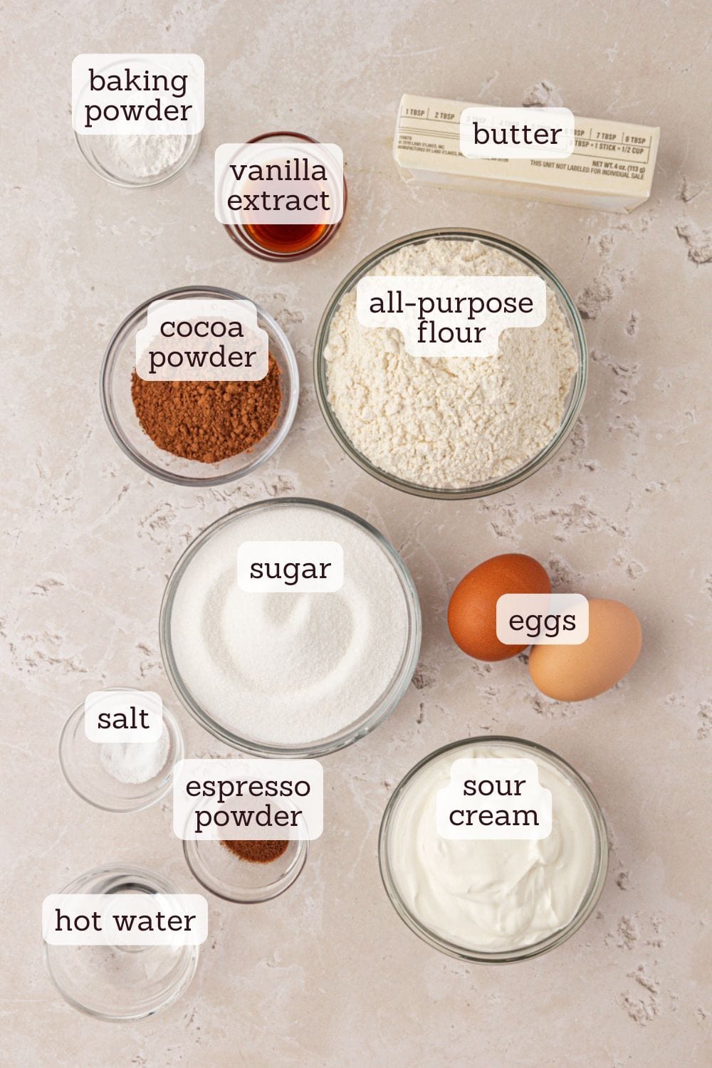 overhead view of ingredients for marble loaf cake