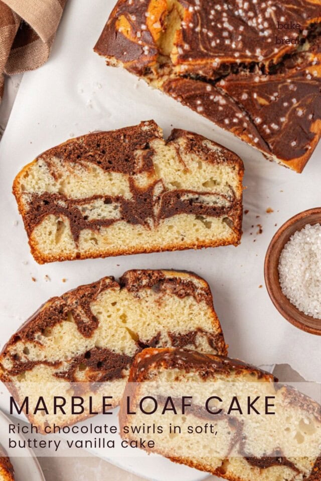 partially sliced marble loaf cake showing swirls of the two cake flavors; text overlay "marble loaf cake - Rich chocolate swirls in soft, buttery vanilla cake"
