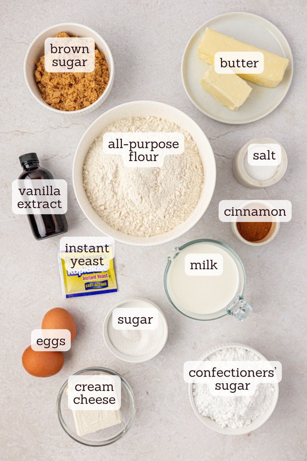overhead view of ingredients for overnight cinnamon rolls