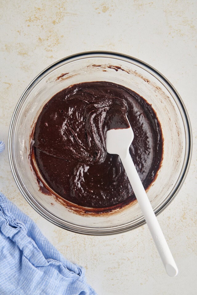 overhead view of brownie batter in a mixing bowl