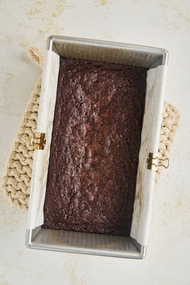 overhead view of freshly baked brownies in a loaf pan