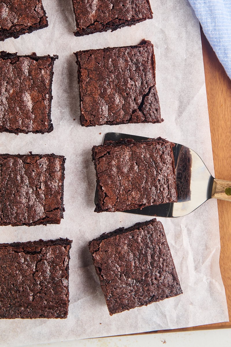 overhead view of brownies cut into bars