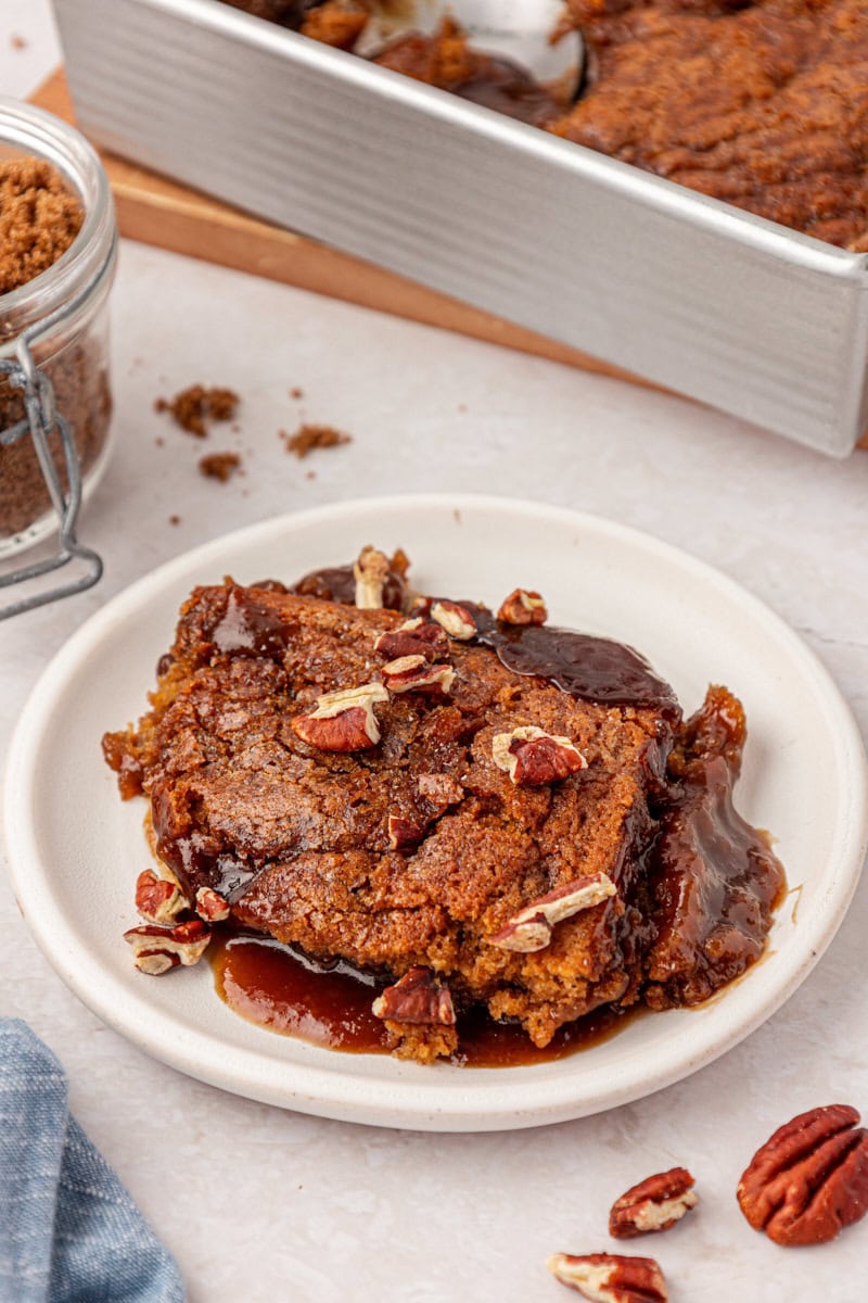 self-saucing butterscotch pudding cake scooped onto a plate
