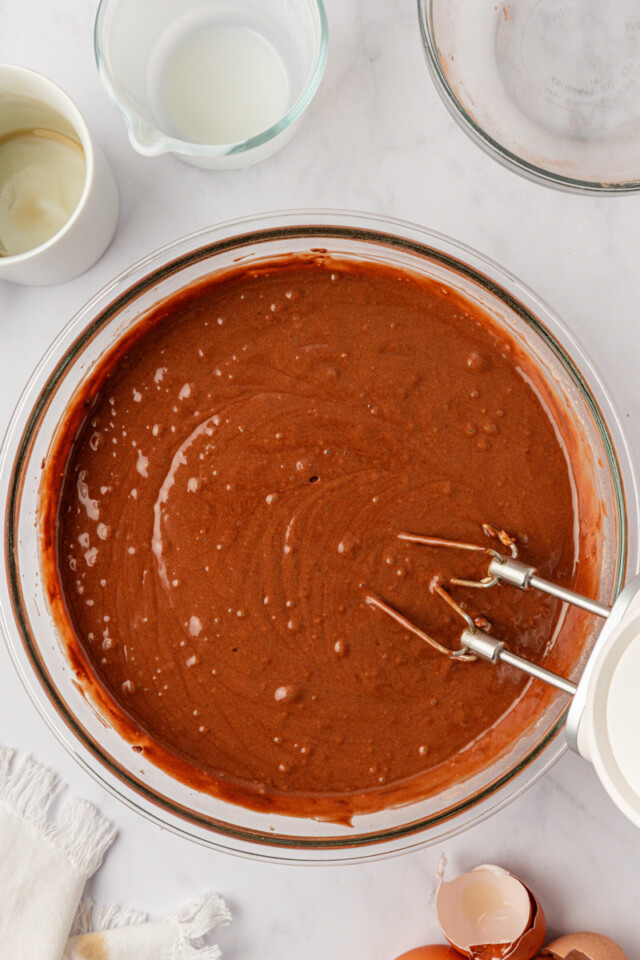 devil's food chocolate cake batter in a mixing bowl