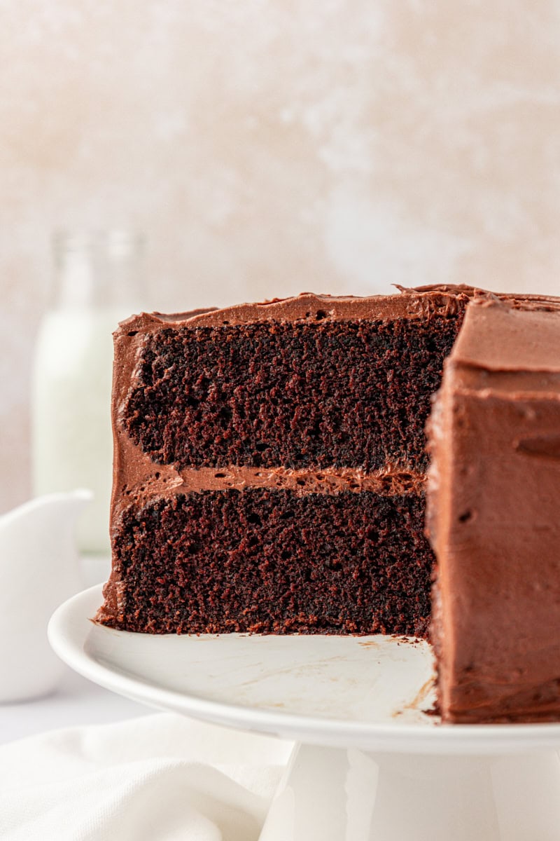 close up of partially sliced devil's food cake with chocolate buttercream frosting