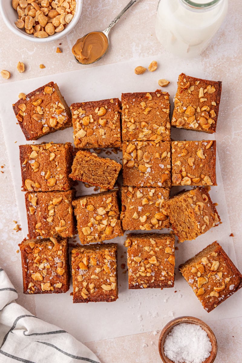 overhead view of peanut butter blondies cut into squares