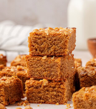 stack of three thick, chewy peanut butter blondies