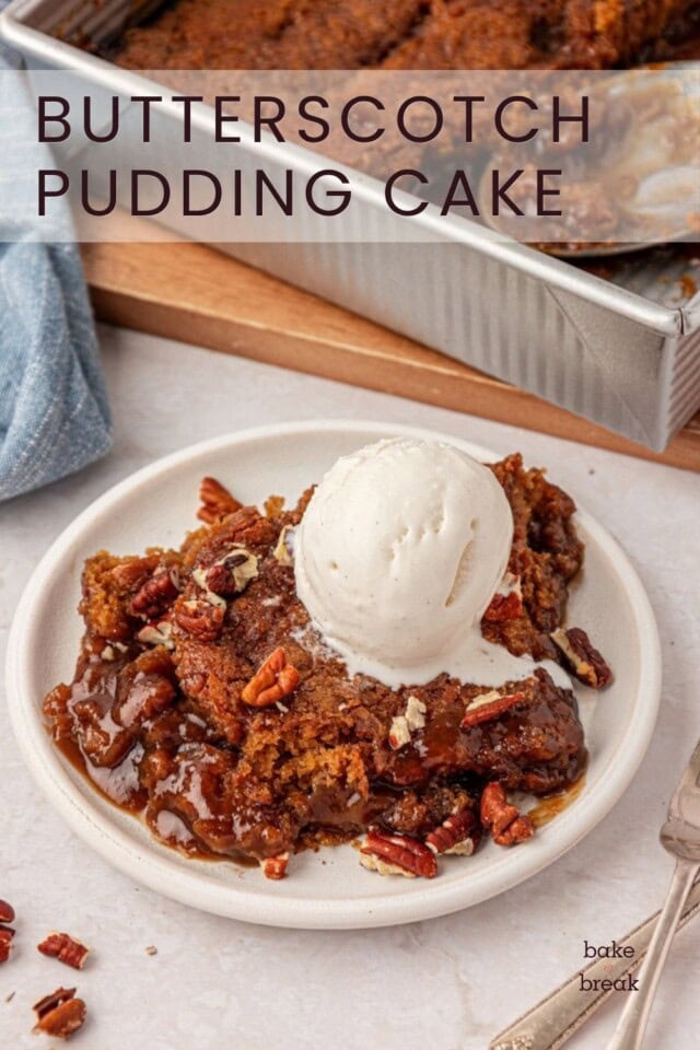 self-saucing butterscotch pudding cake topped with ice cream and toasted pecans; text overlay "butterscotch pudding cake"