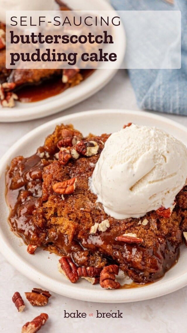 a serving of butterscotch pudding cake served with ice cream; text overlay "self-saucing butterscotch pudding cake"