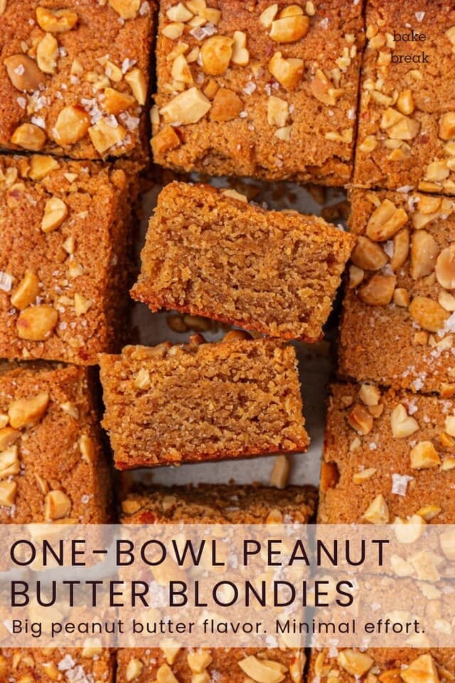 overhead view of several peanut butter blondies; text overlay "one-bowl peanut butter blondies - Big peanut butter flavor. Minimal effort."