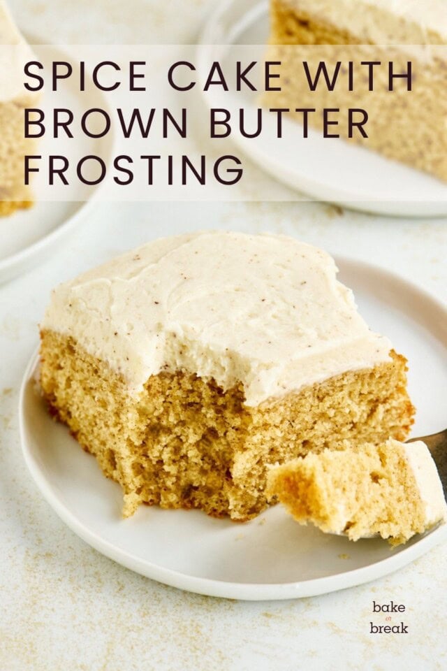 a slice of spice sheet cake topped with brown butter frosting; text overlay "spice cake with brown butter frosting"