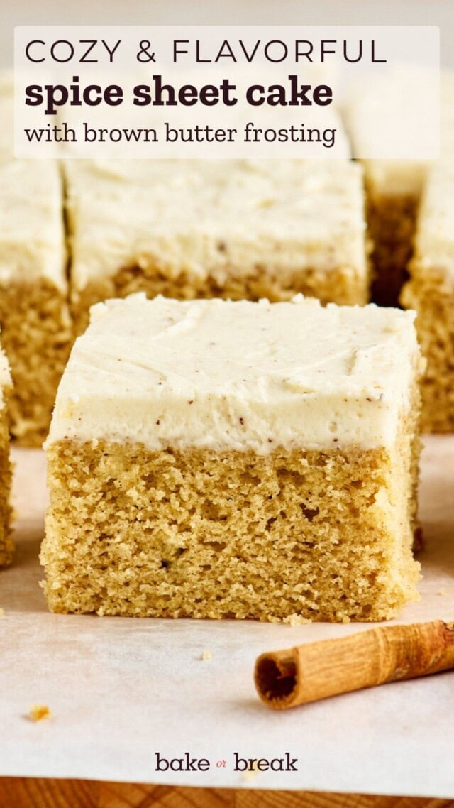 close-up of a slice of spice sheet cake; text overlay "cozy & flavorful spice sheet cake with brown butter frosting"