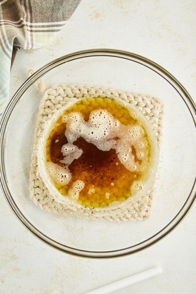 overhead view of browned butter in a mixing bowl