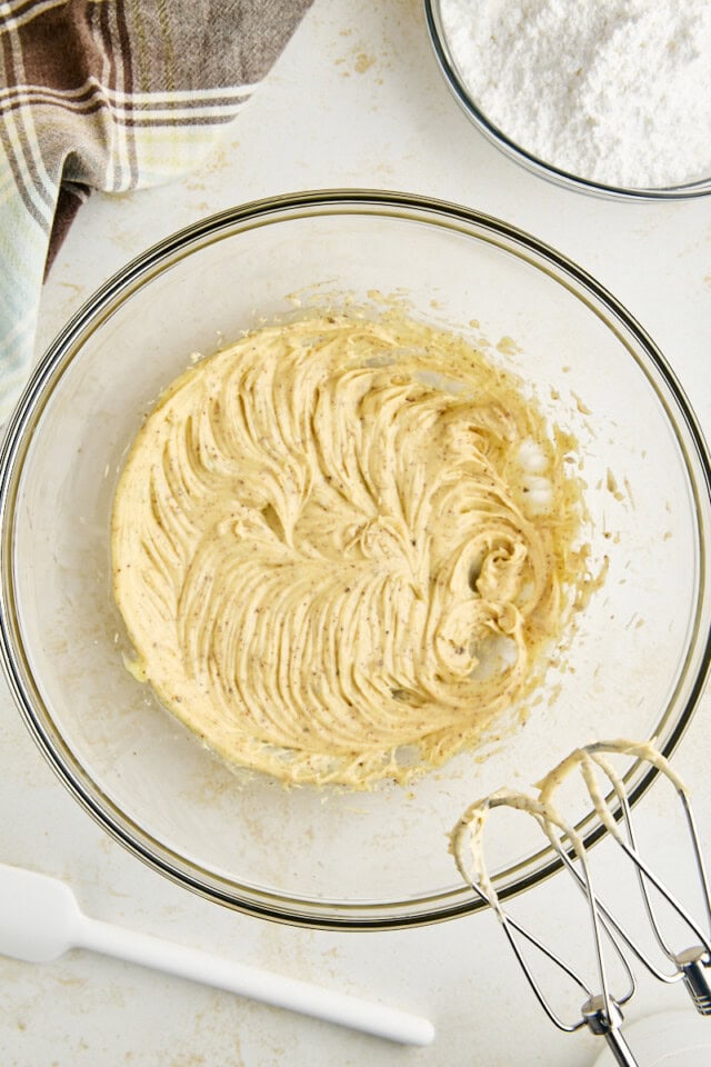 overhead view of cooled brown butter after beating