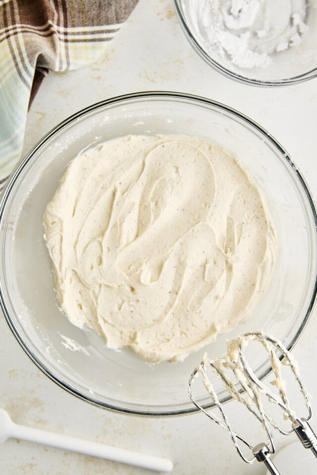overhead view of brown butter frosting in a mixing bowl