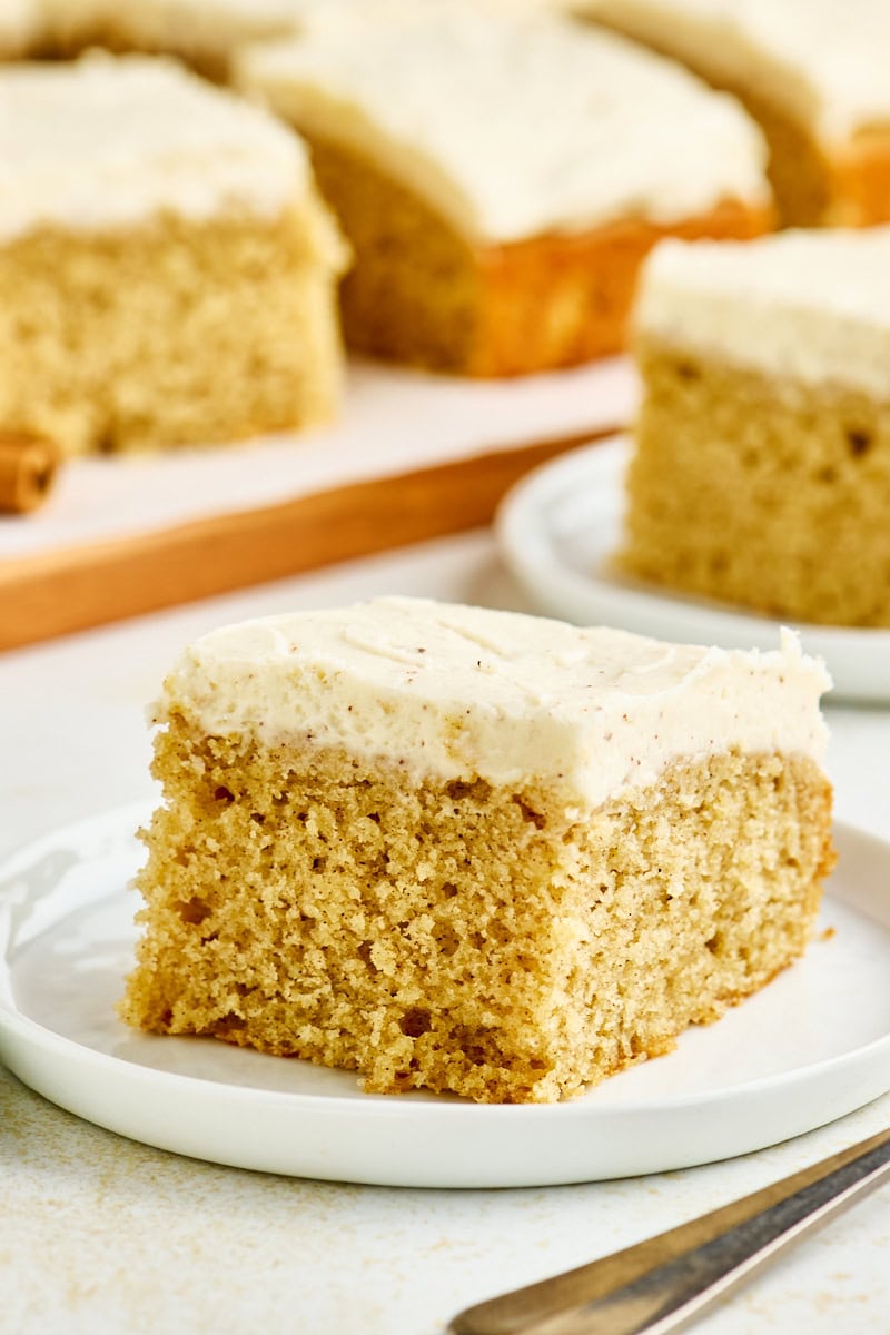 a slice of spice cake with brown butter frosting